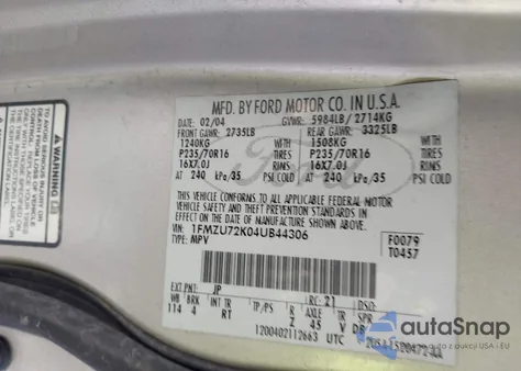 2004 Ford Explorer Xls из США, поврежденный, VIN 1FMZU72K04UB44306